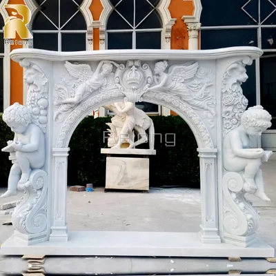 Décoration de la maison Cheminée en marbre de pierre autoportante de luxe naturel avec statue de bébé Décoration d'intérieur à la maison